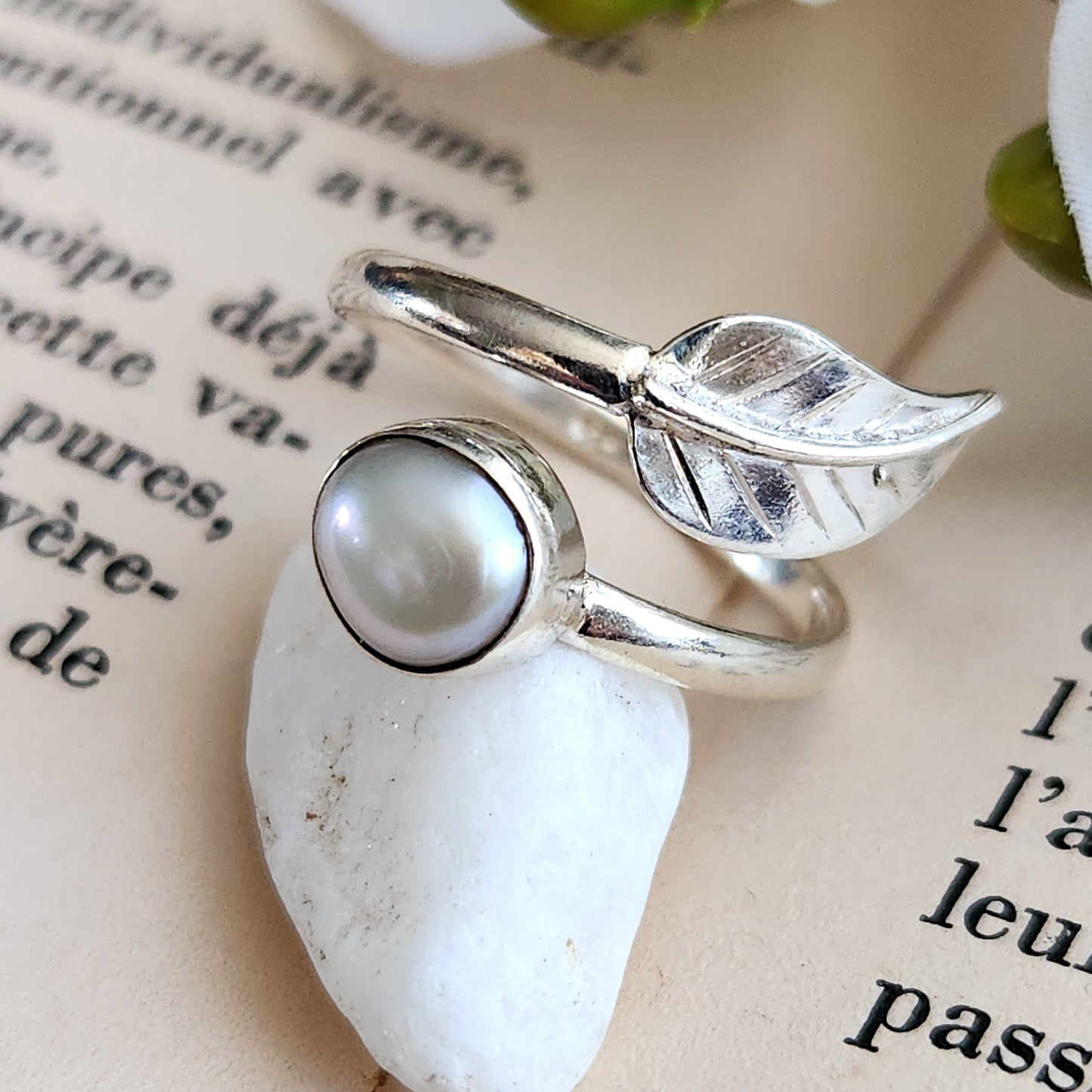 Bague réglable Feuille - Perle d'eau douce - Argent 925