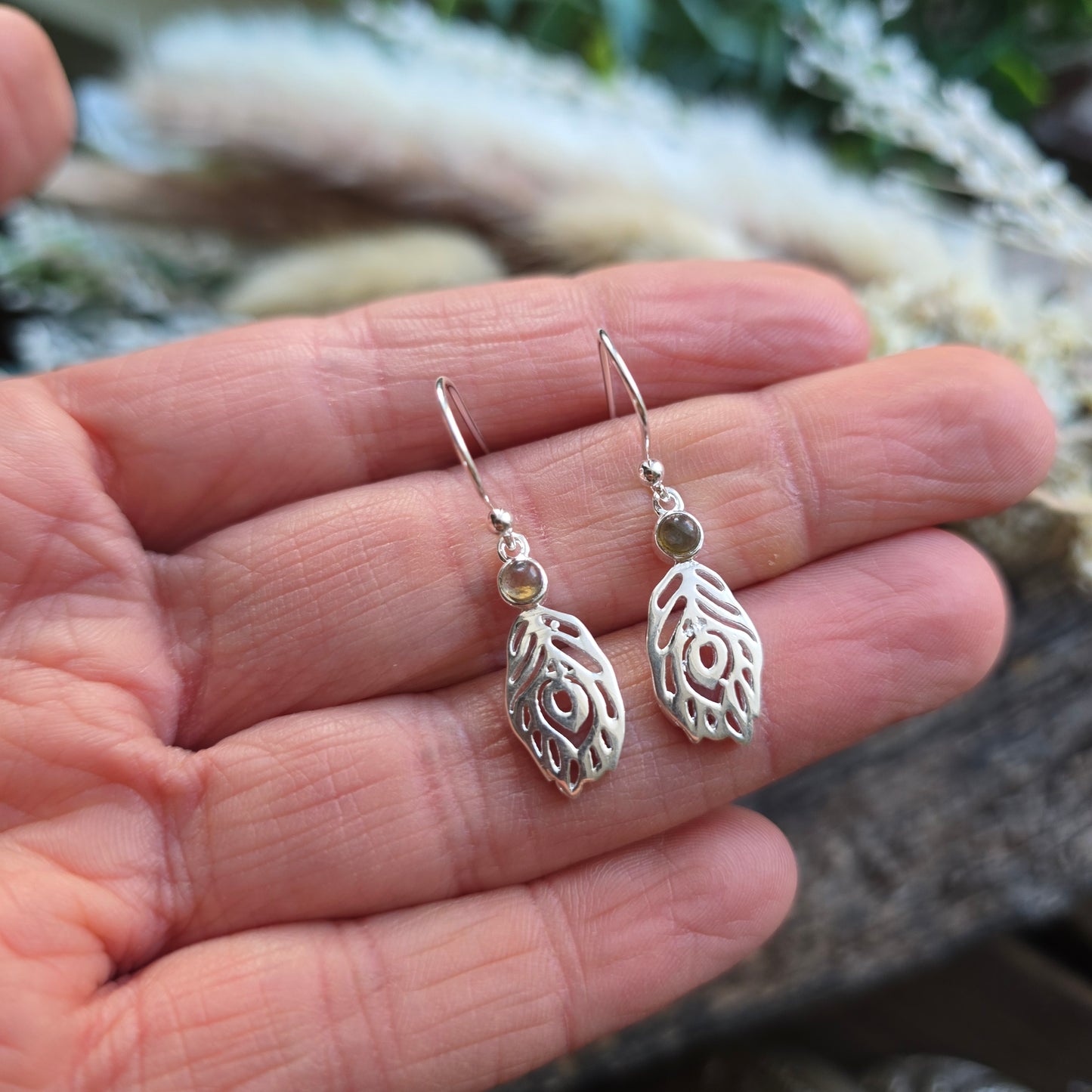 Boucles d'oreilles en Labradorite - plume - Argent 925