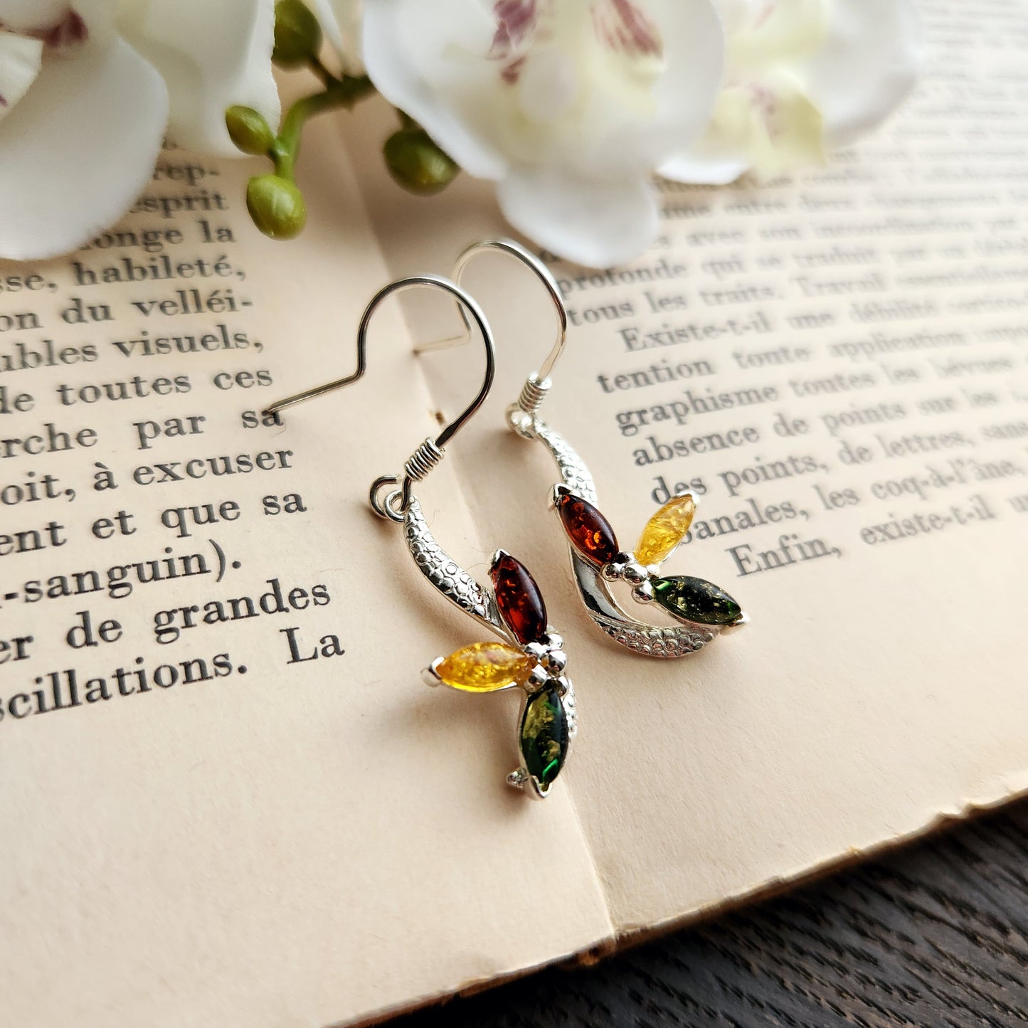 Boucles d'oreilles en Ambre "3 couleurs" - Fleur - Argent 925