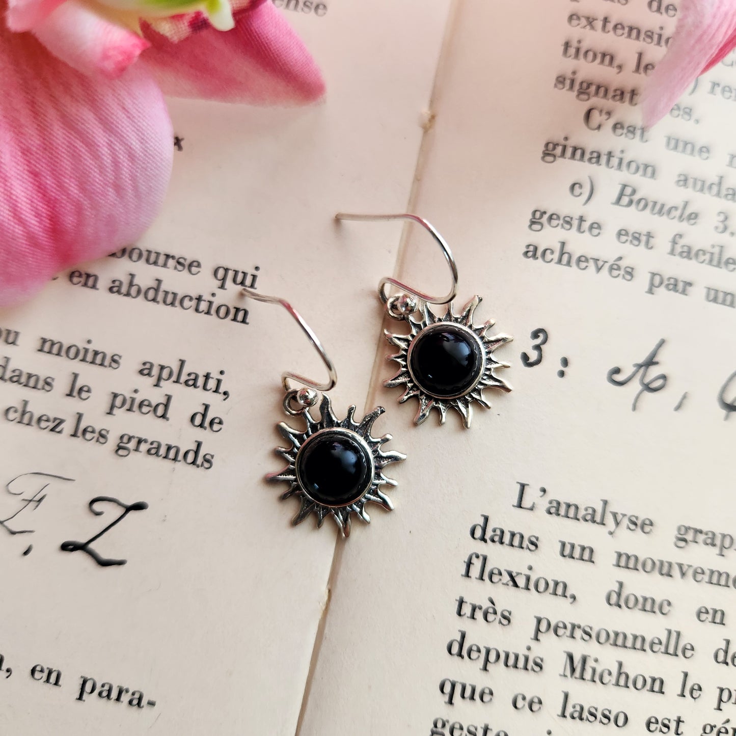 Boucles d'oreilles en Obsidienne noire - Soleil - Argent 925