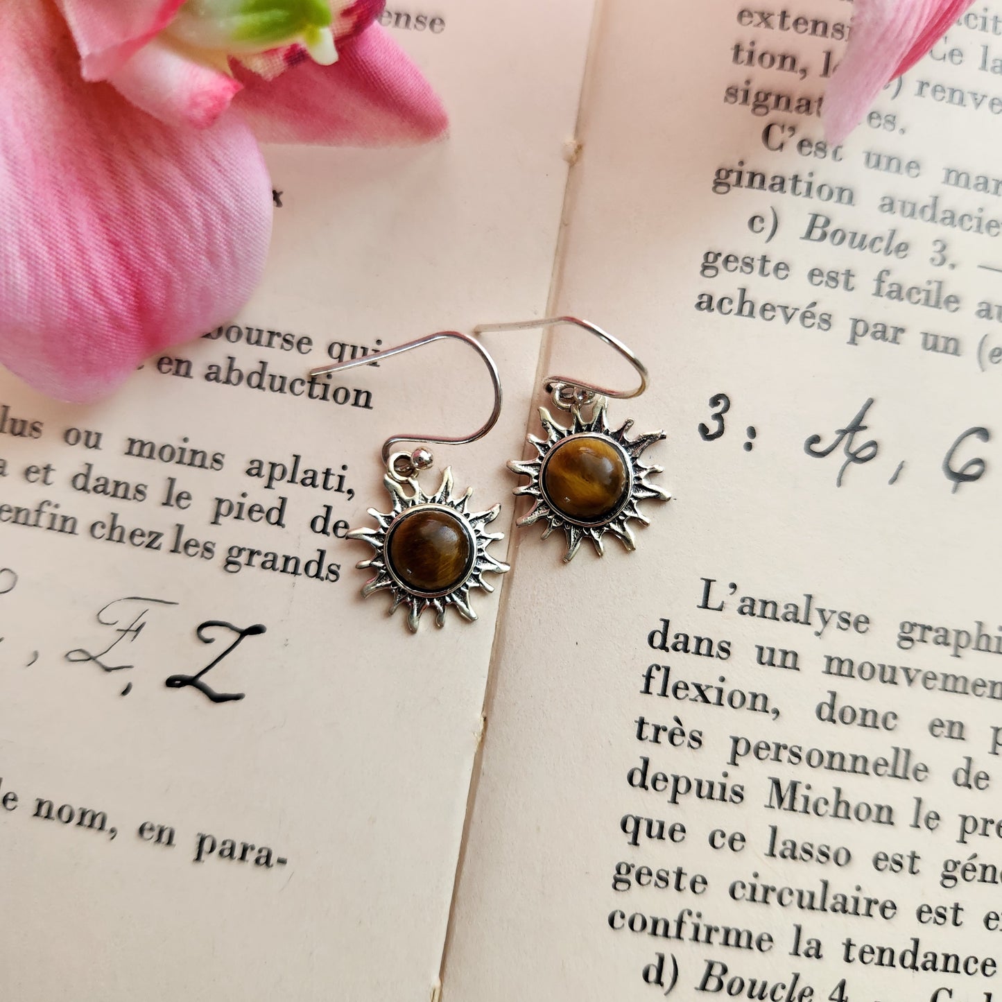 Boucles d'oreilles en Œil de tigre - Soleil - Argent 925