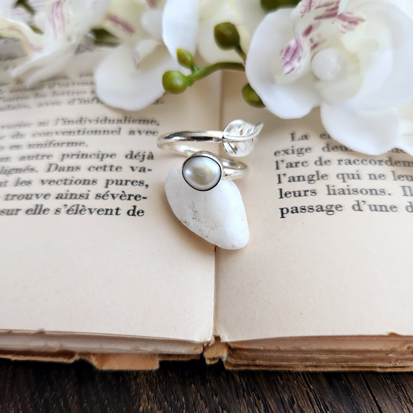 Bague réglable Feuille - Perle d'eau douce - Argent 925