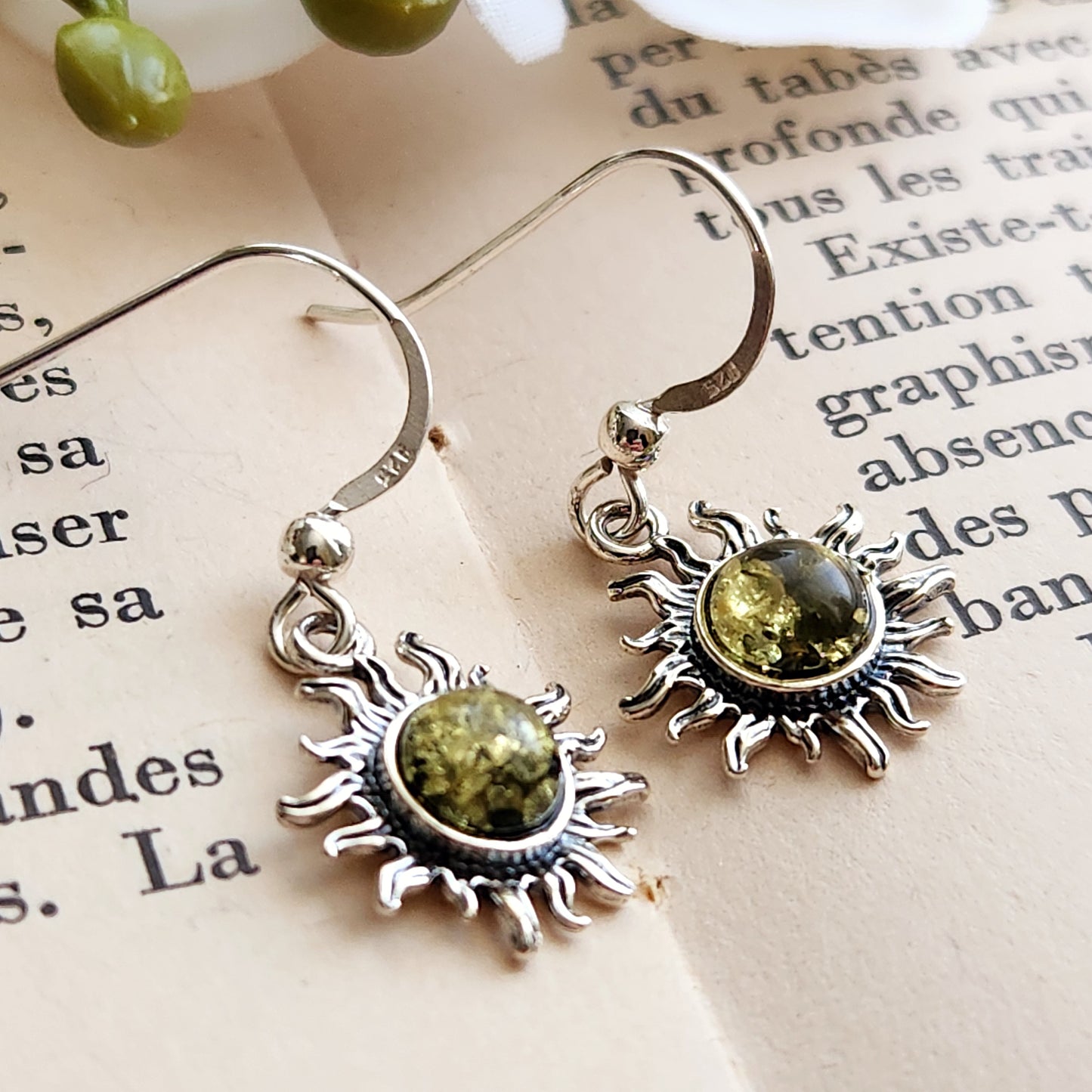 Boucles d'oreilles en Ambre vert - Soleil - Argent 925
