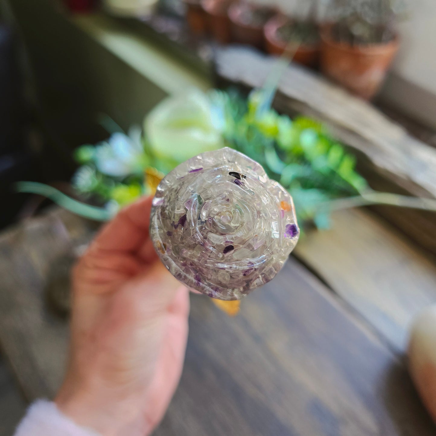 Rose en Fluorite n°2 - tige dorée