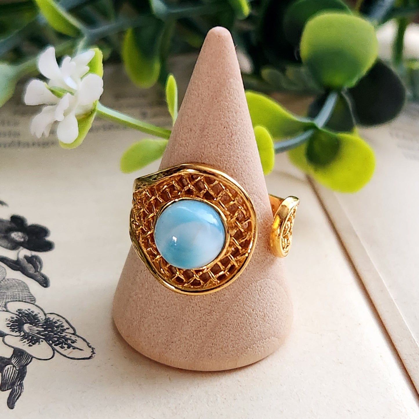 Bague réglable "Dorée" - Larimar - Argent plaqué or 925