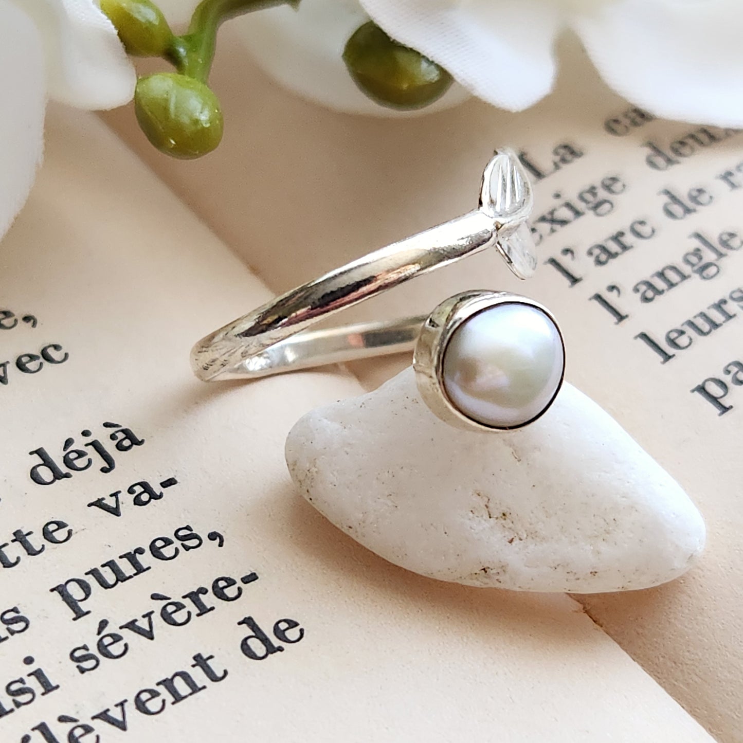 Bague réglable Feuille - Perle d'eau douce - Argent 925