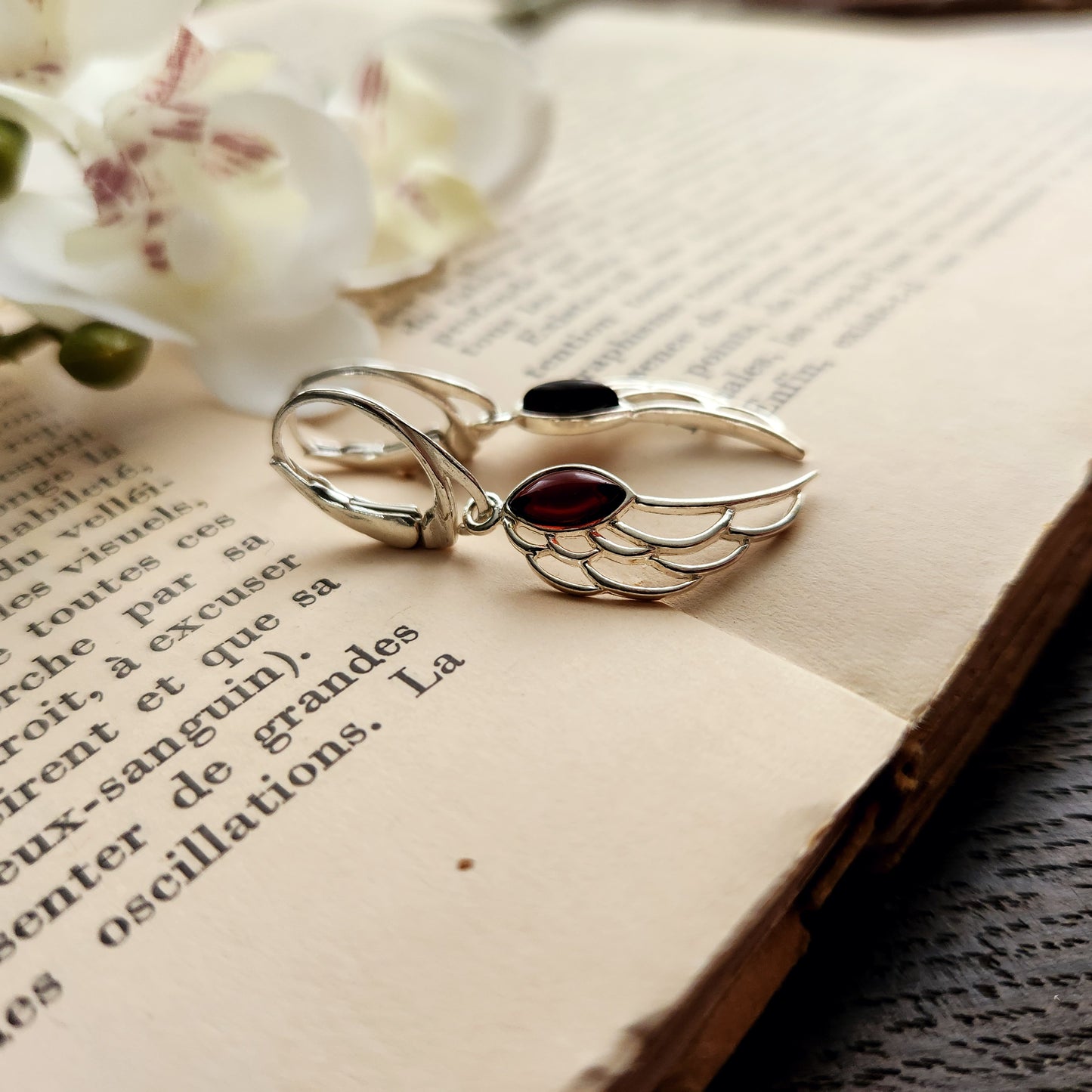 Boucles d'oreilles en Ambre cerise - Ailes d'ange - Argent 925