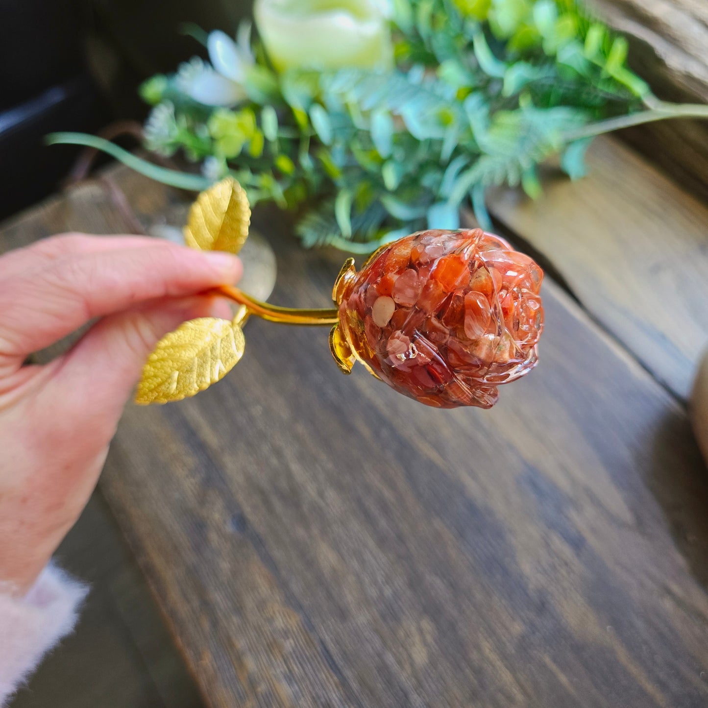 Rose en Cornaline - tige dorée