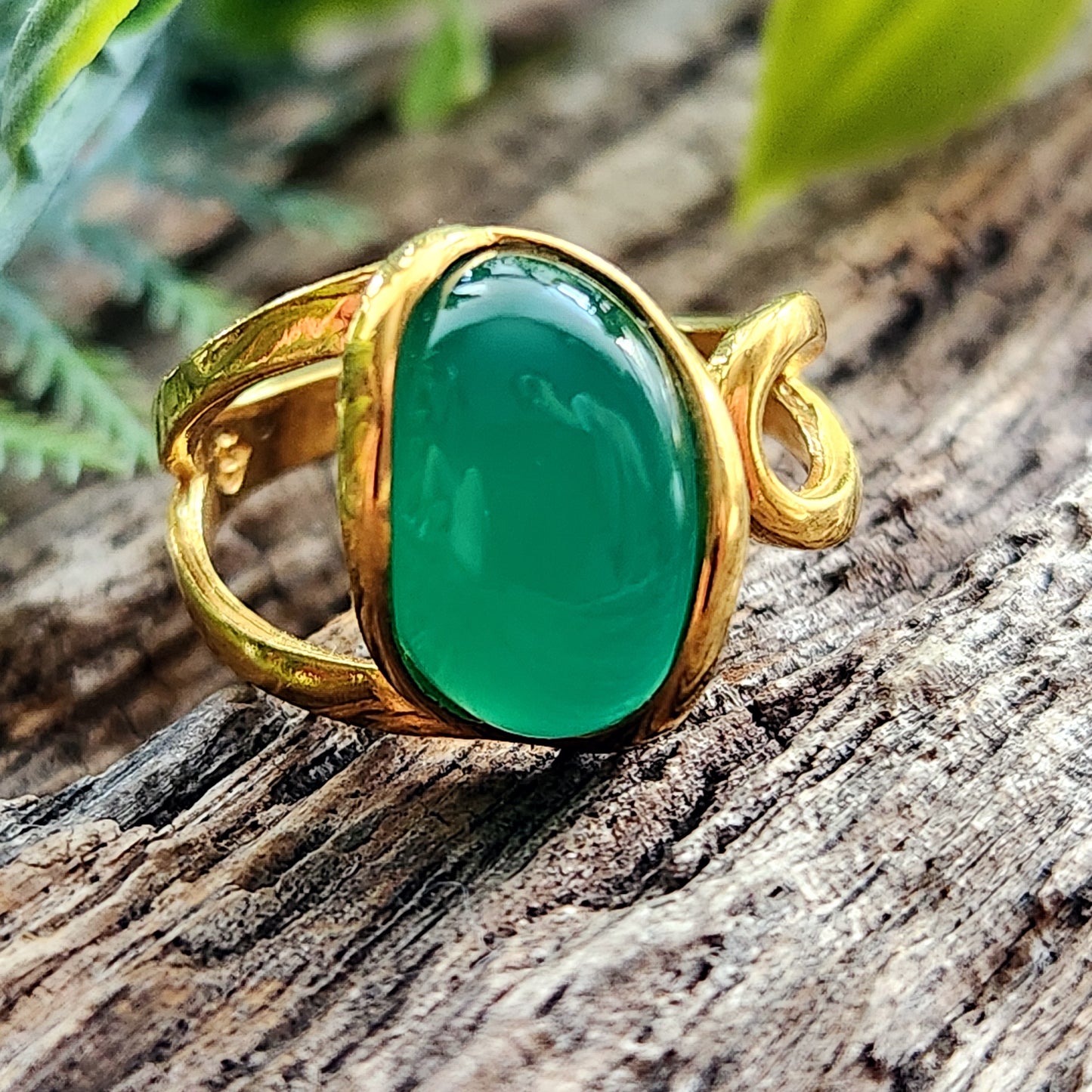 Bague réglable "Dorée" - Onyx vert - Argent plaqué or 925