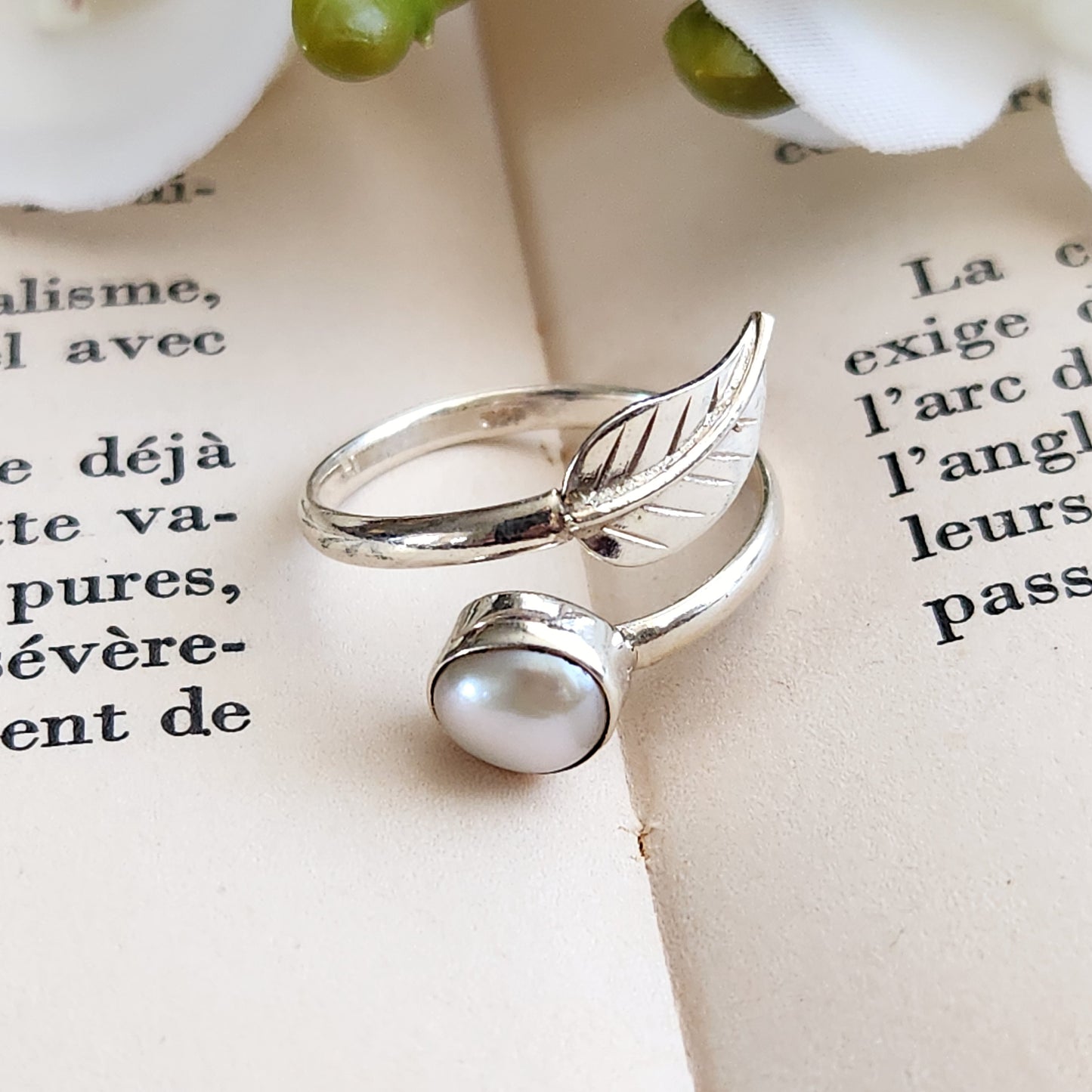 Bague réglable Feuille - Perle d'eau douce - Argent 925