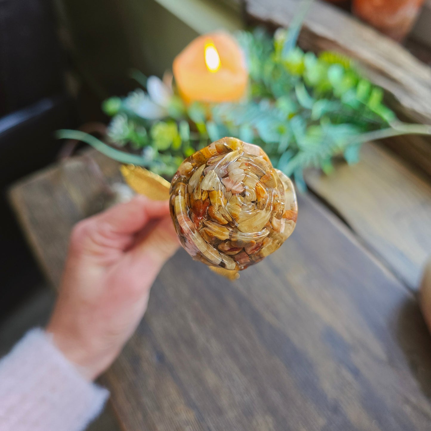 Rose en Agate crazy lace n°1 - tige dorée