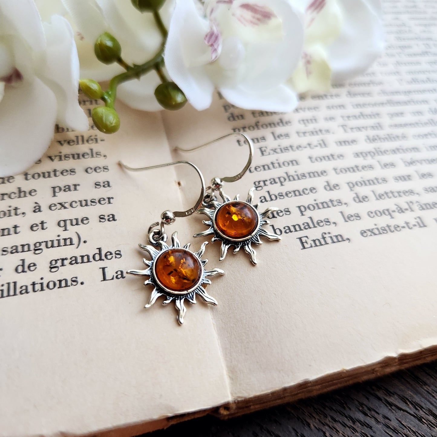 Boucles d'oreilles en Ambre cognac - Soleil - Argent 925