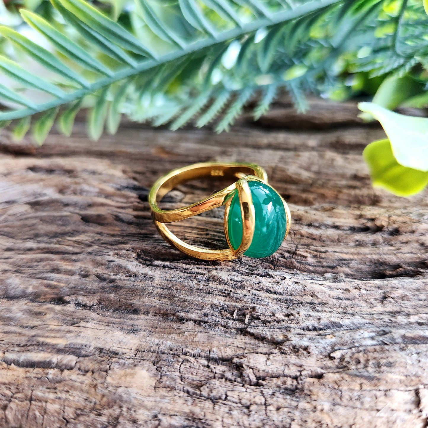 Bague réglable "Dorée" - Onyx vert - Argent plaqué or 925