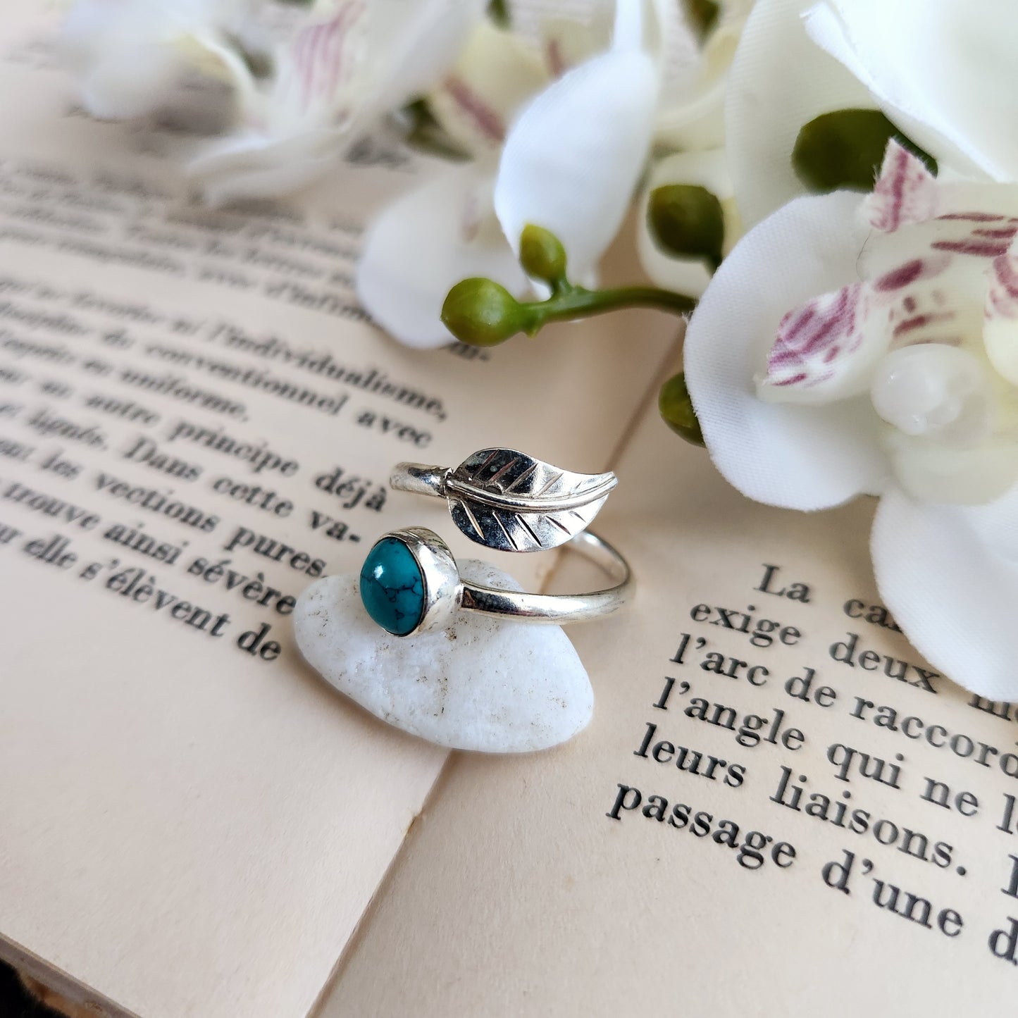 Bague réglable Feuille - Turquoise - Argent 925