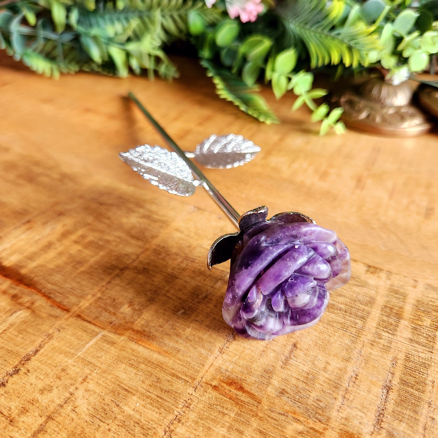 Rose en Améthyste - tige argentée