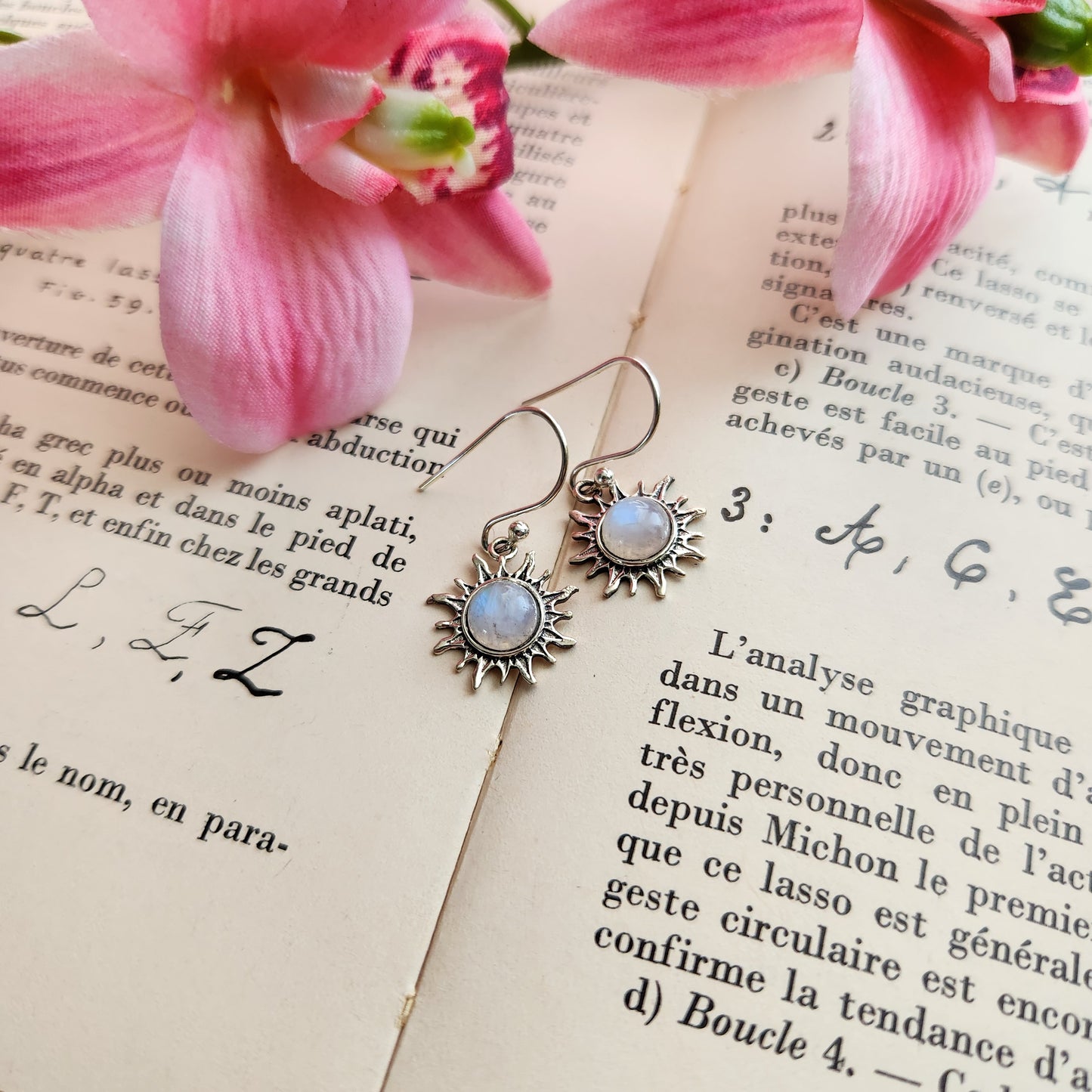 Boucles d'oreilles en Pierre de lune - Soleil - Argent 925