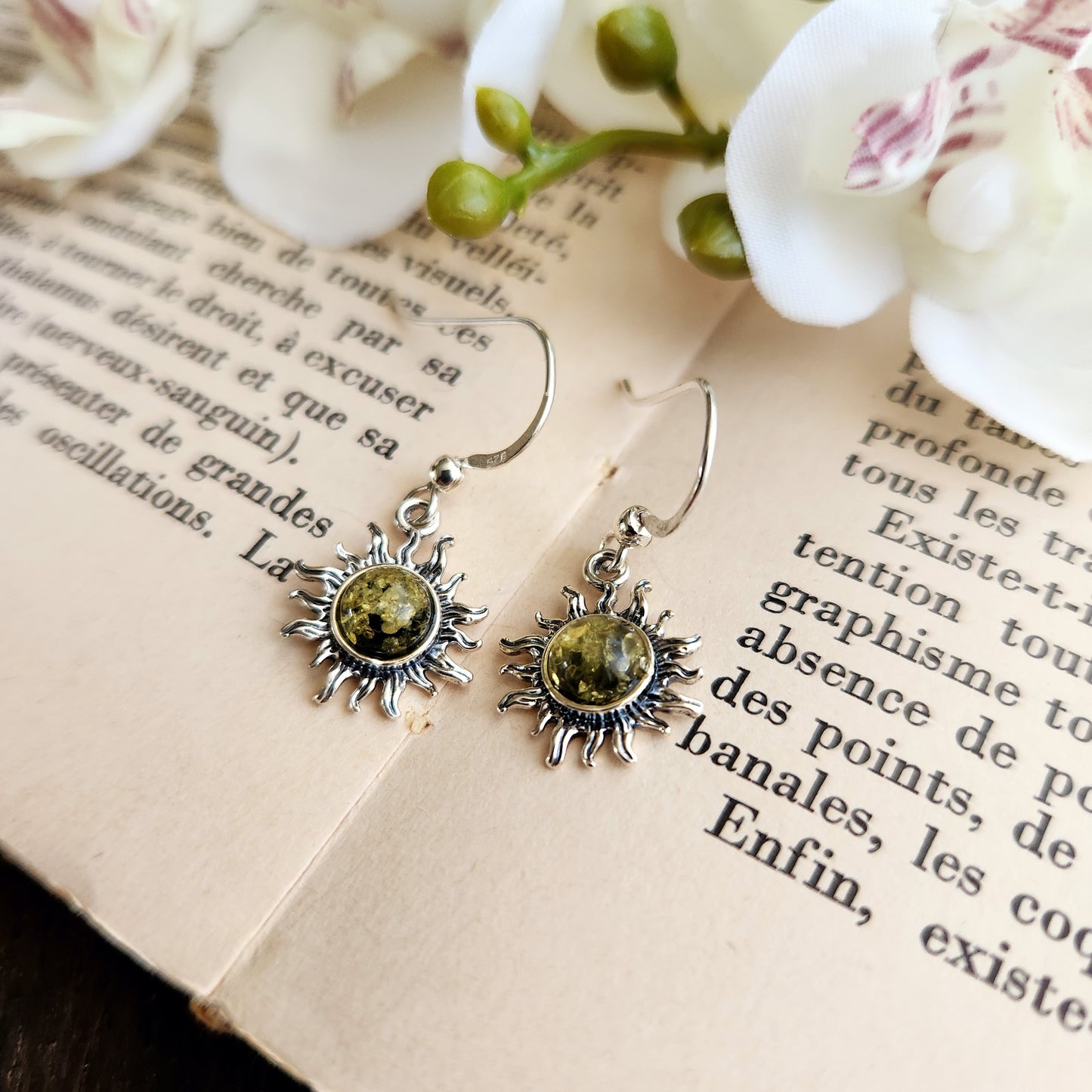 Boucles d'oreilles en Ambre vert - Soleil - Argent 925