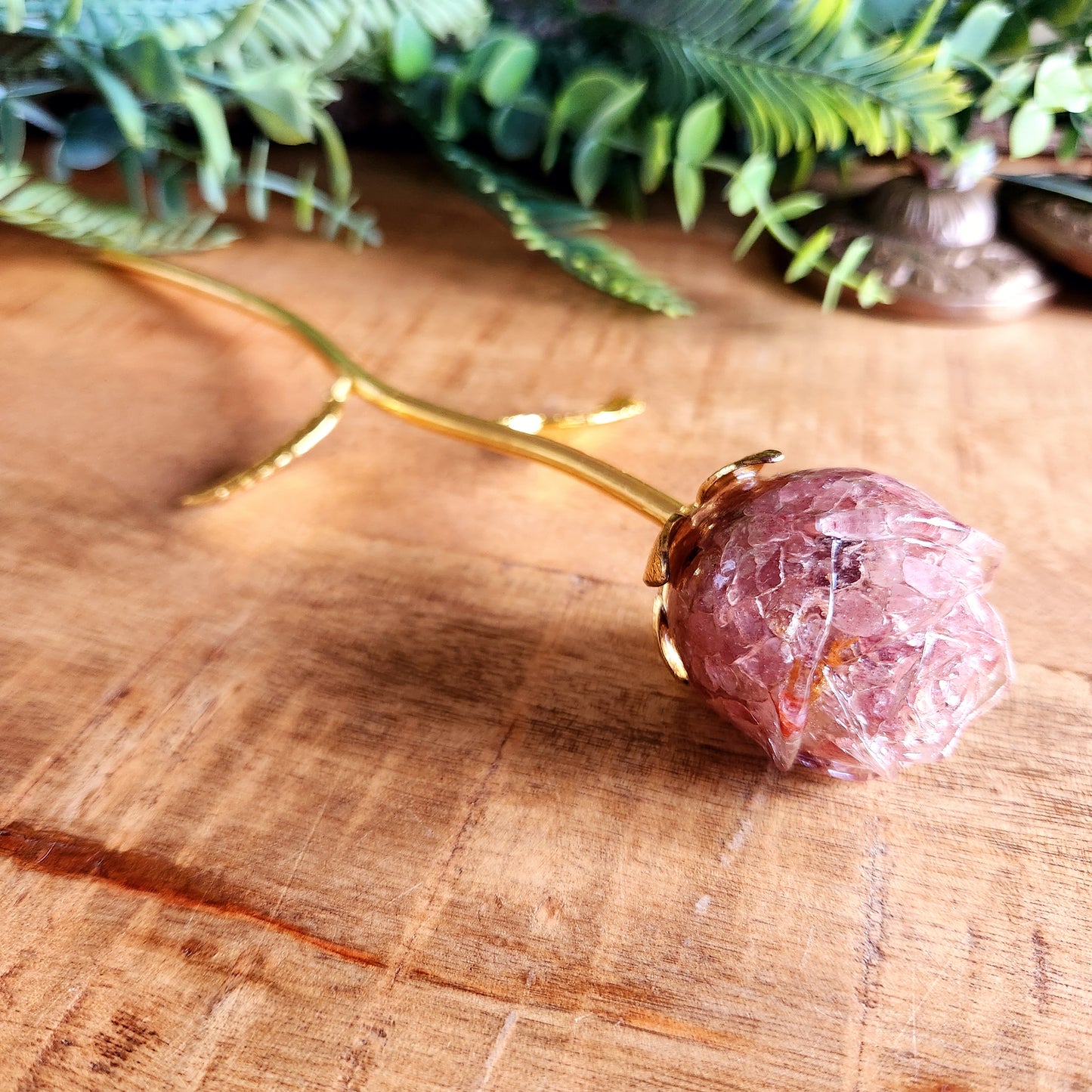 Rose en Quartz fraise- tige dorée