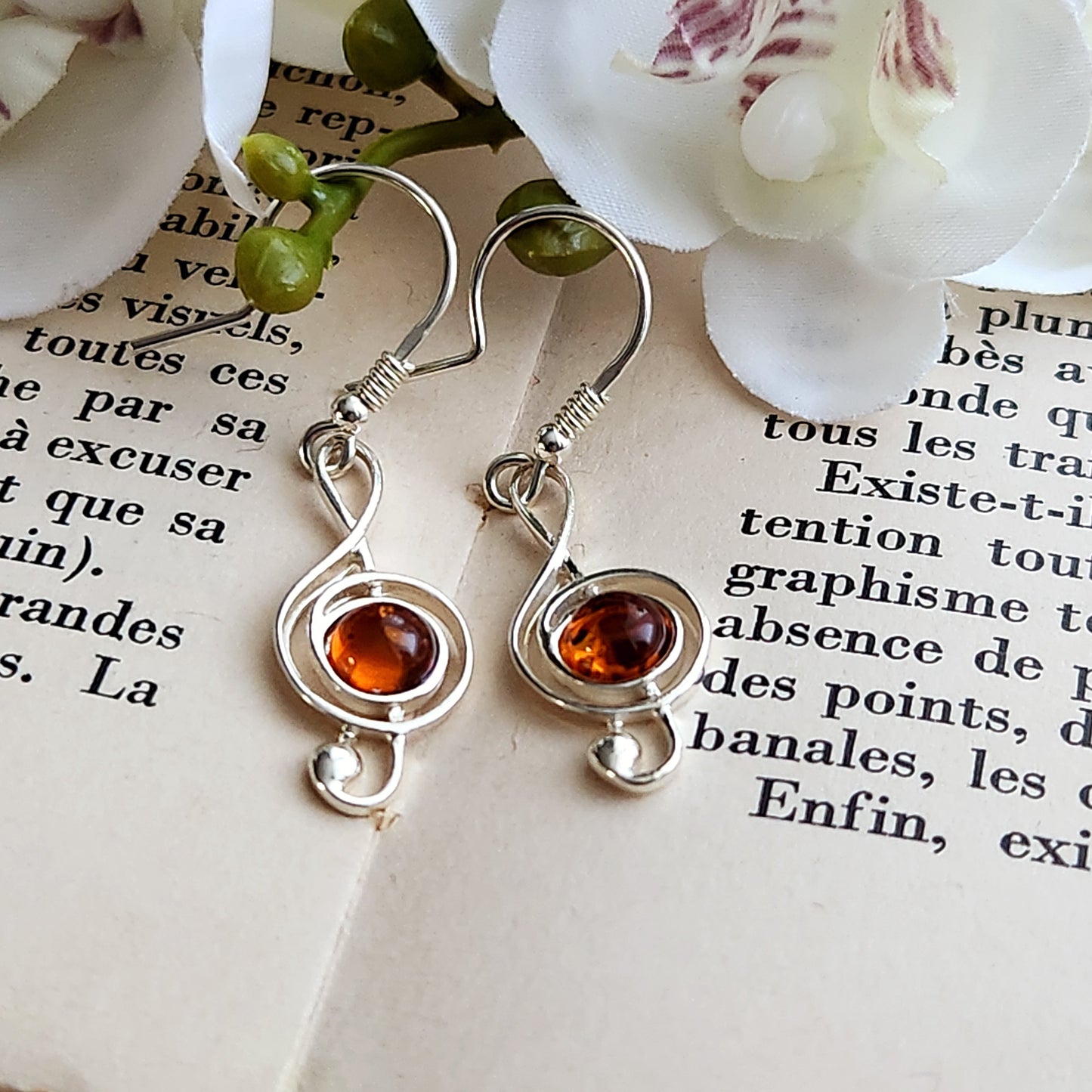 Boucles d'oreilles en Ambre cognac - Clé de sol - Argent 925