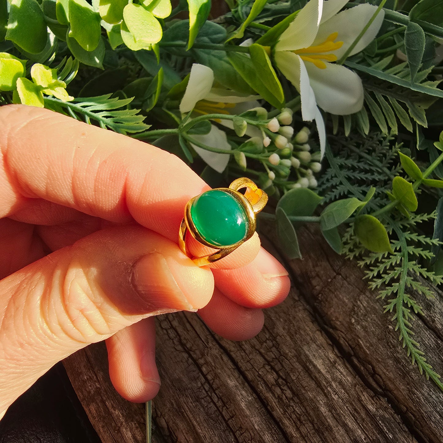 Bague réglable "Dorée" - Onyx vert - Argent plaqué or 925