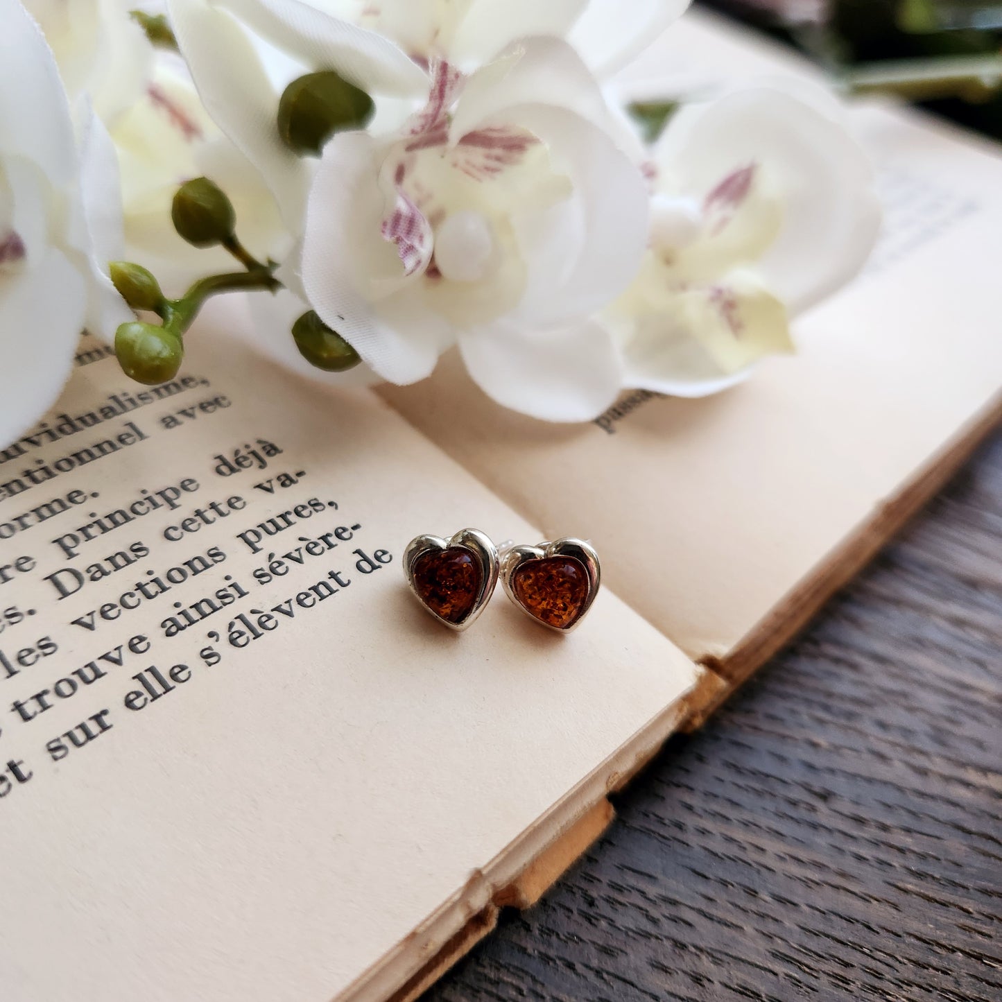 Boucles d'oreilles en Ambre - Clous cœur - Argent 925