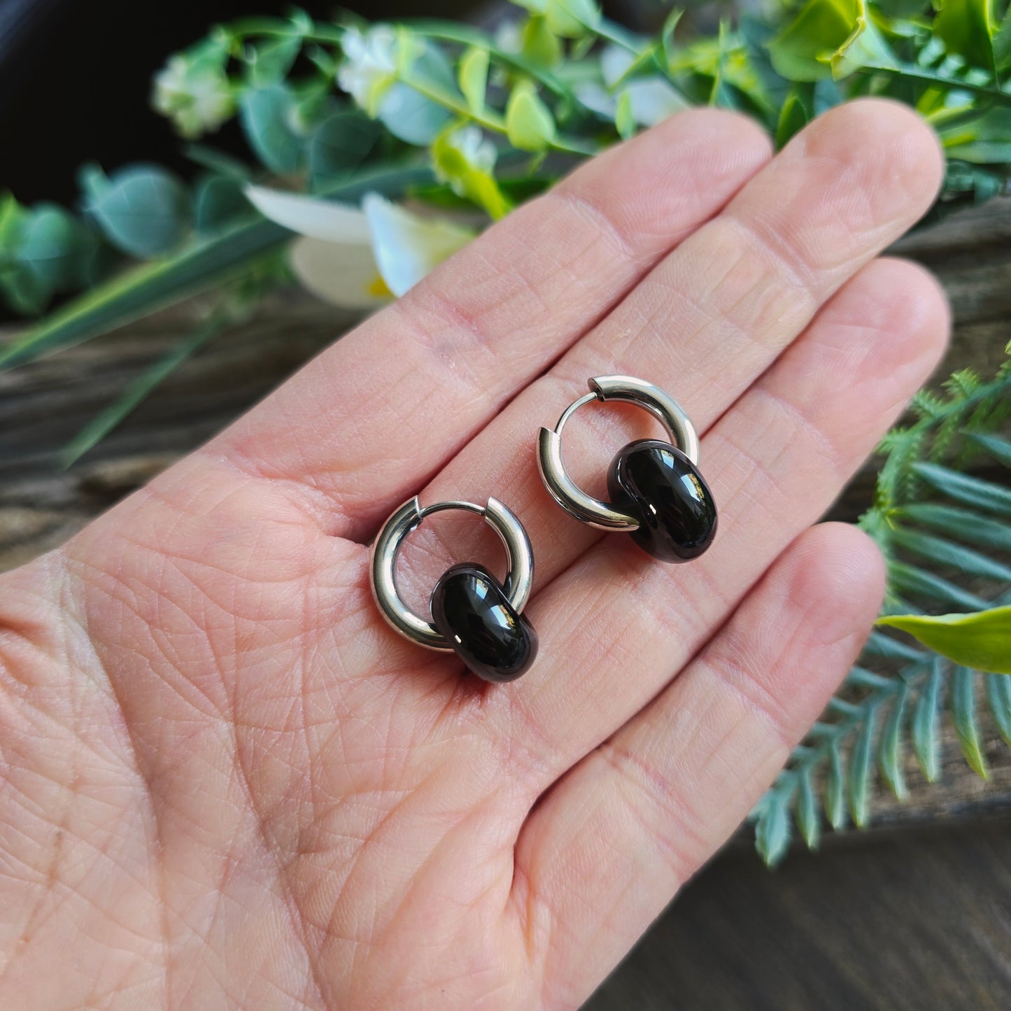 Boucles d'oreilles argentées en Agate rubanée - Donuts