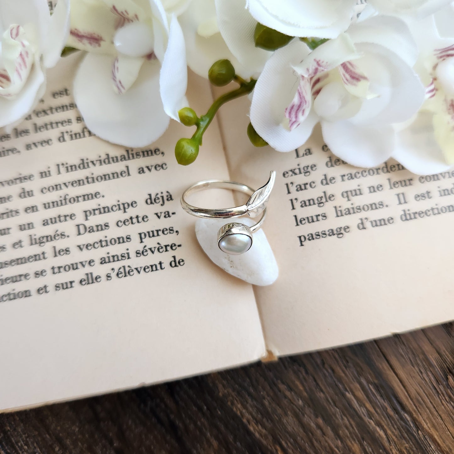 Bague réglable Feuille - Perle d'eau douce - Argent 925