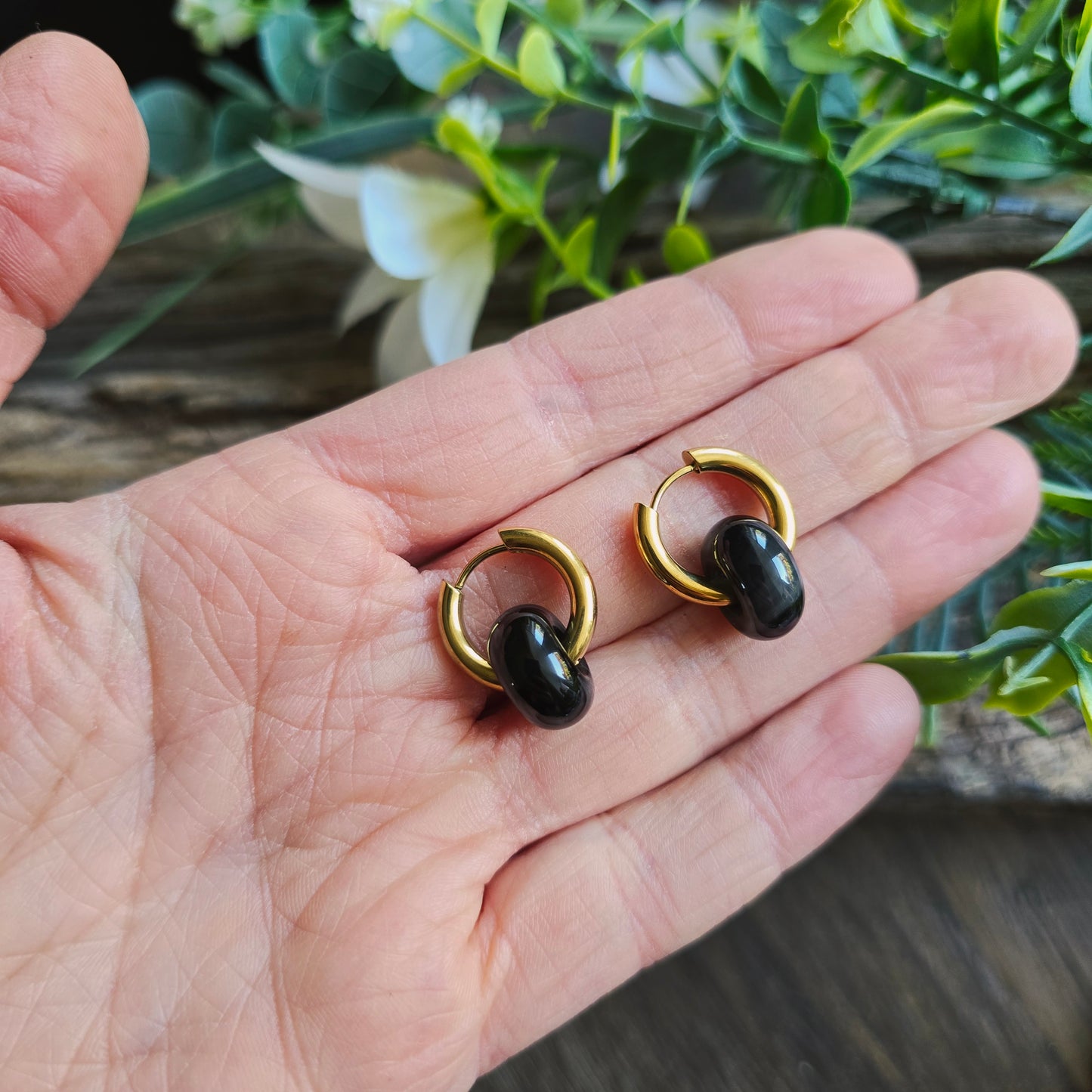 Boucles d'oreilles dorées en Agate rubanée - Donuts