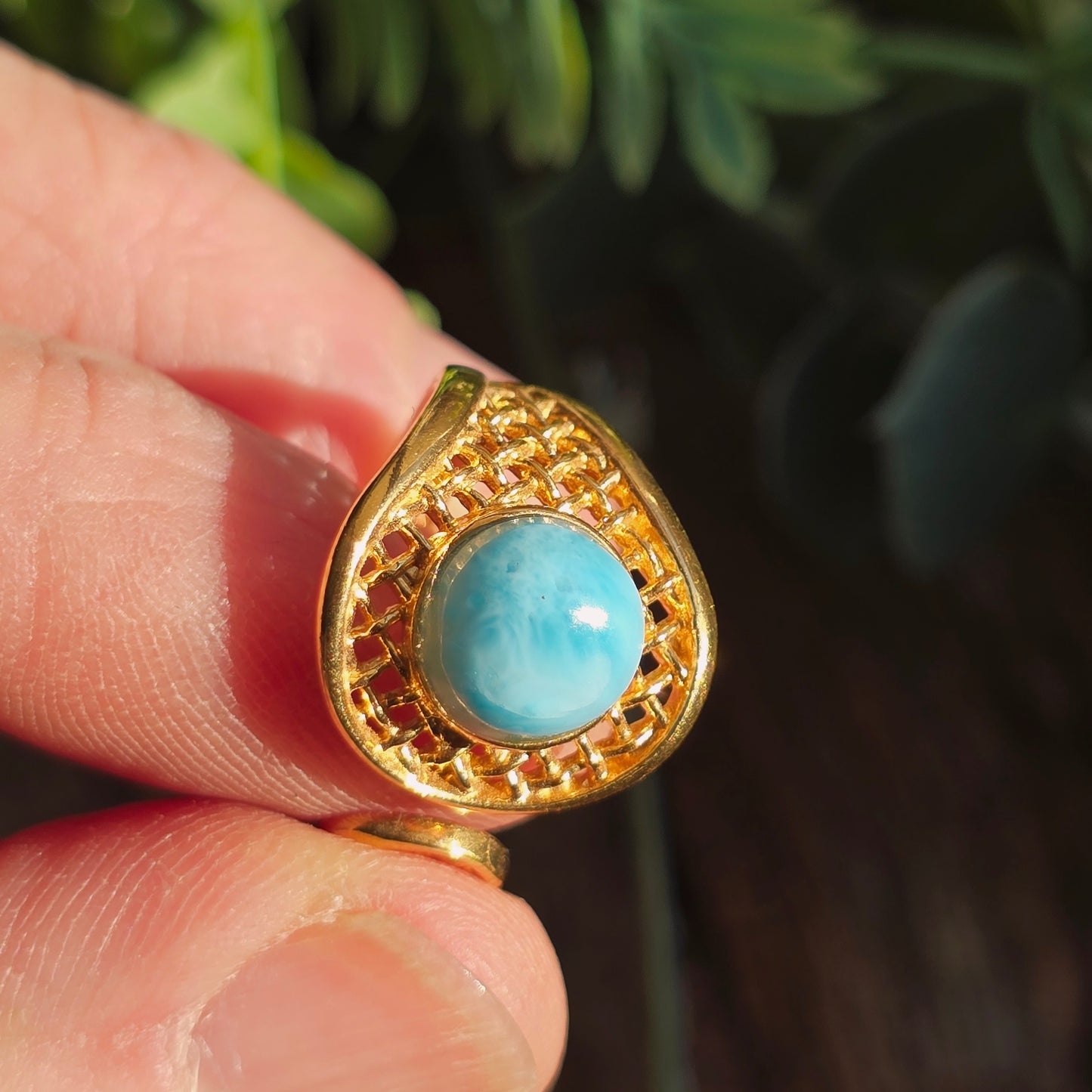 Bague réglable "Dorée" n°2 - Larimar - Argent plaqué or 925