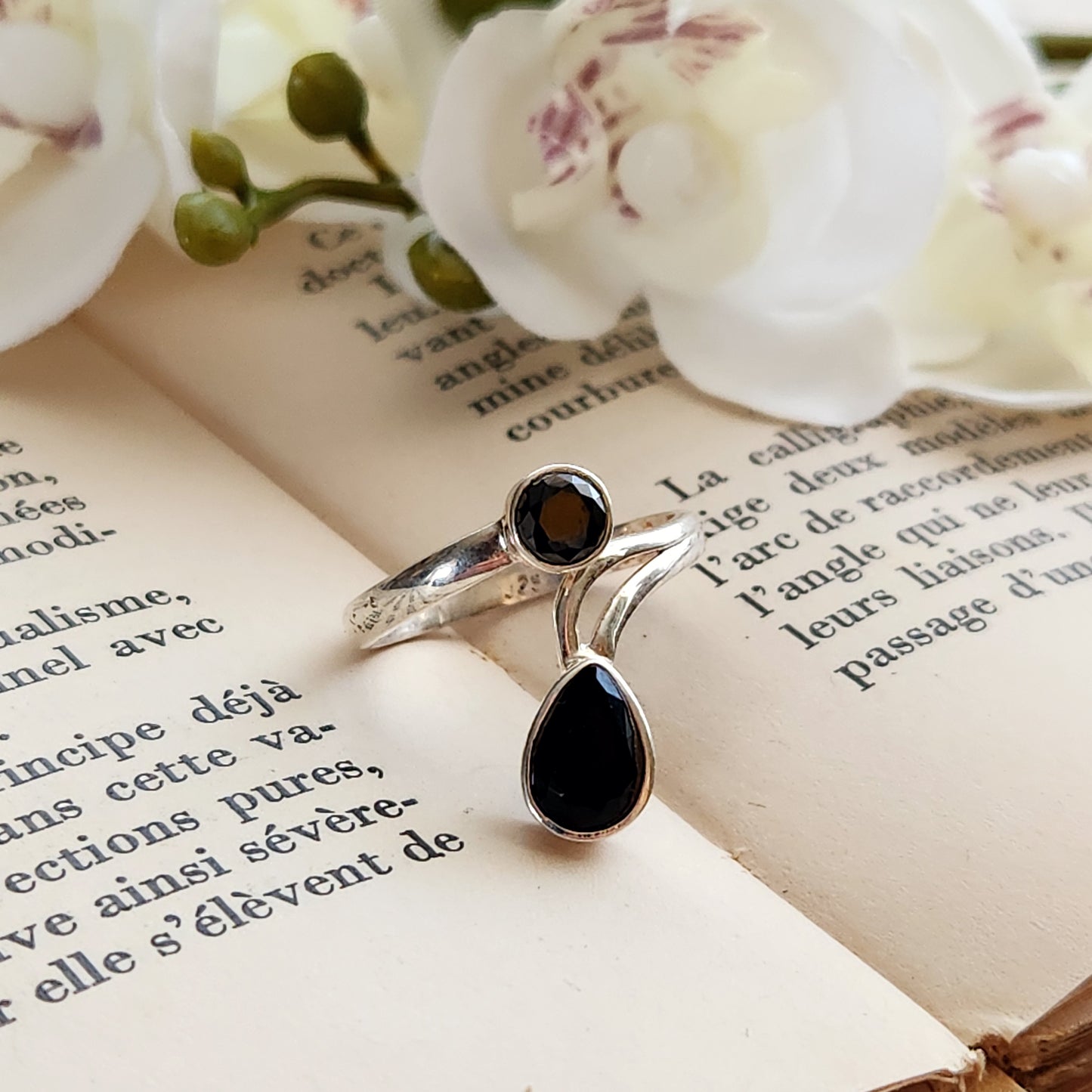 Bague réglable "Harmonie" - Obsidienne noire - Argent 925