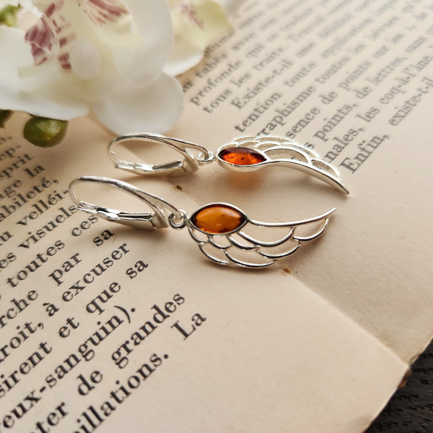 Boucles d'oreilles en Ambre cognac - Ailes d'ange - Argent 925