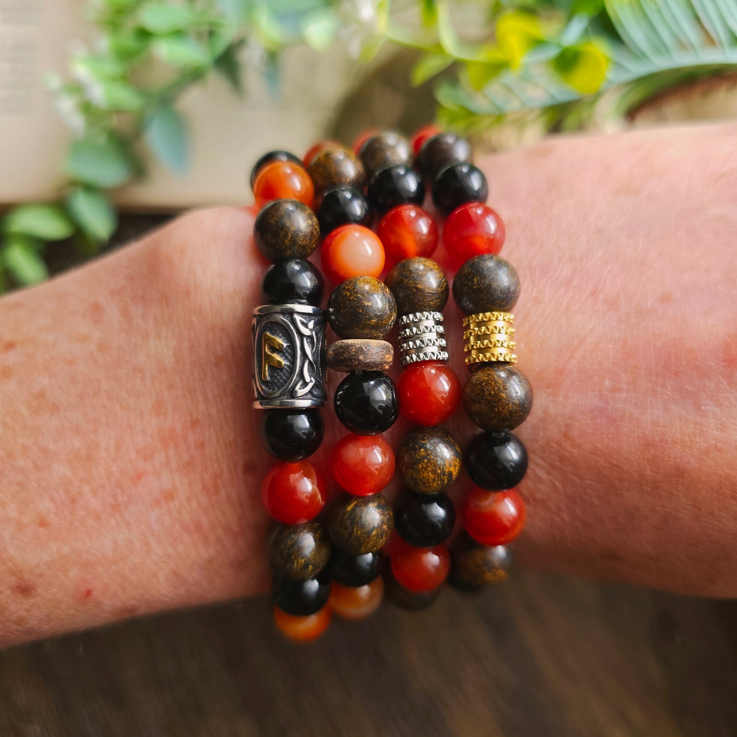 Bracelet Feu - Force vitale - Cornaline, Obsidienne noire et Bronzite