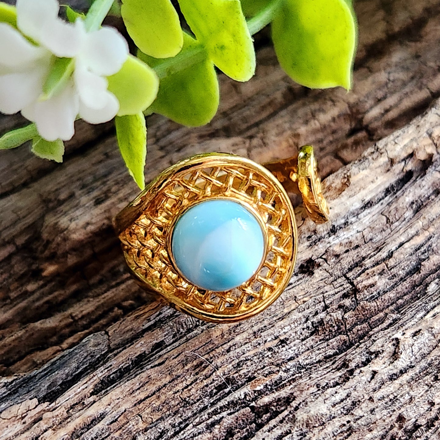 Bague réglable "Dorée" - Larimar - Argent plaqué or 925