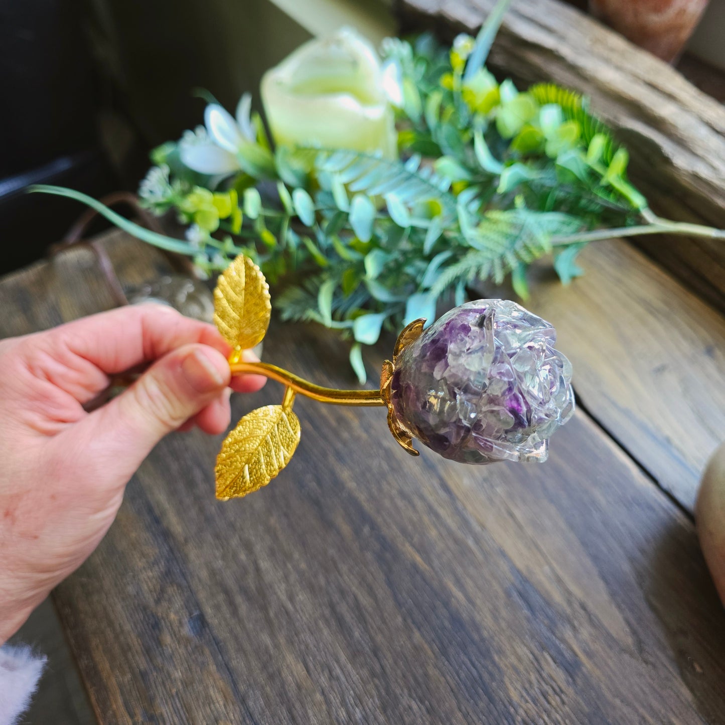 Rose en Fluorite n°1 - tige dorée