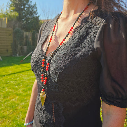 Mala Feu - Force vitale - Cornaline, Obsidienne noire et Bronzite - Pointe de flèche