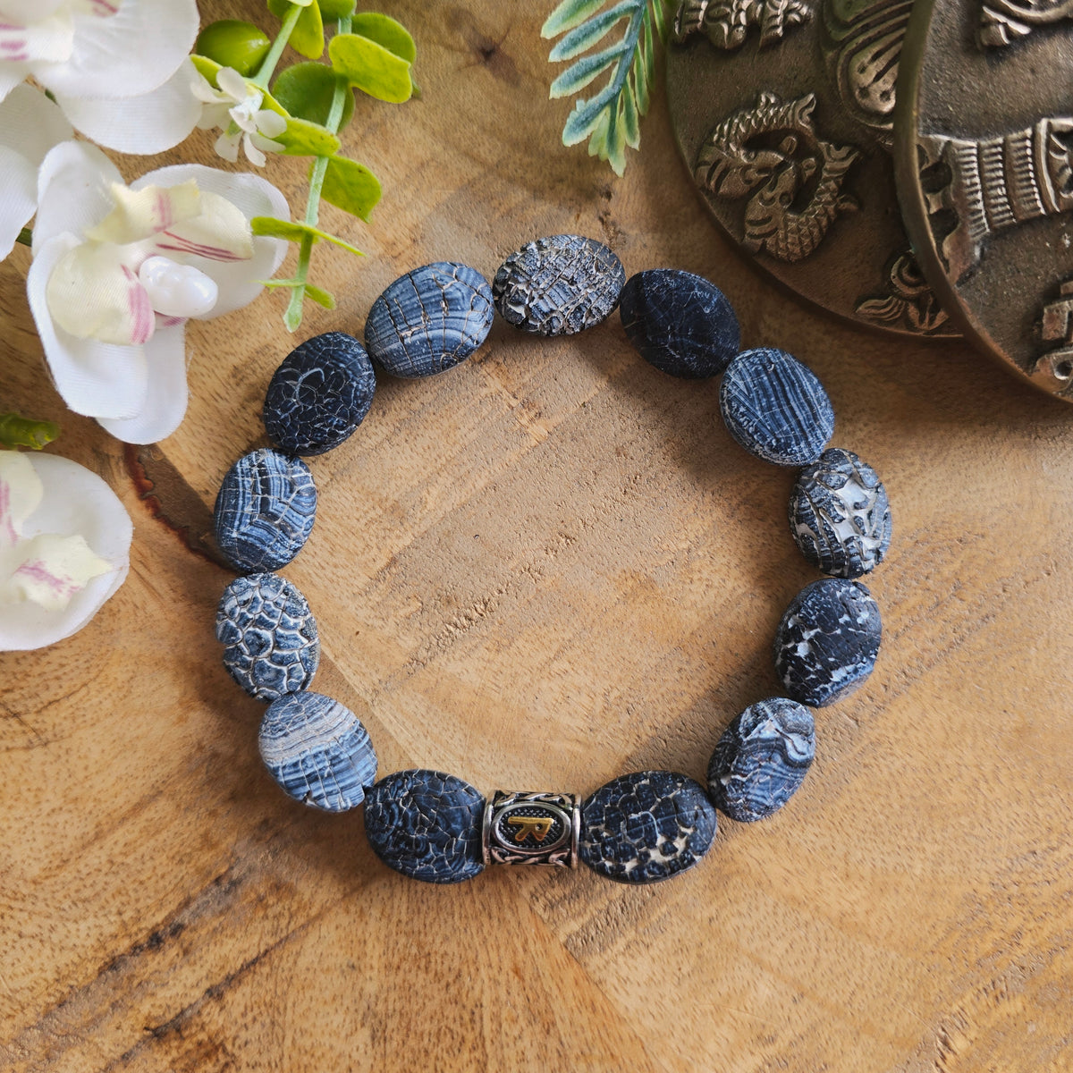 Bracelet en Agate de feu noire craquelée - ovale