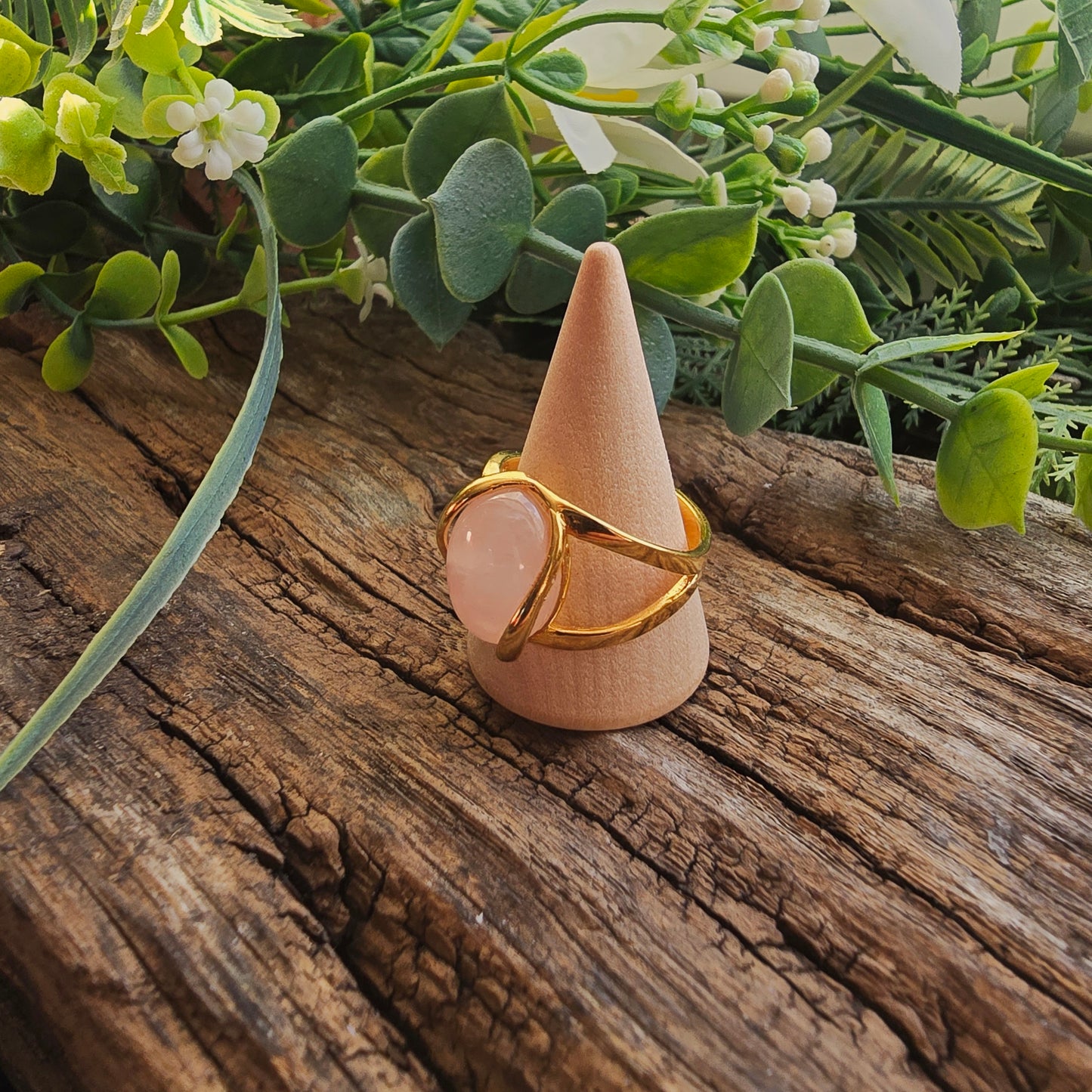 Bague réglable "Dorée" n°2 - Quartz rose - Argent plaqué or 925