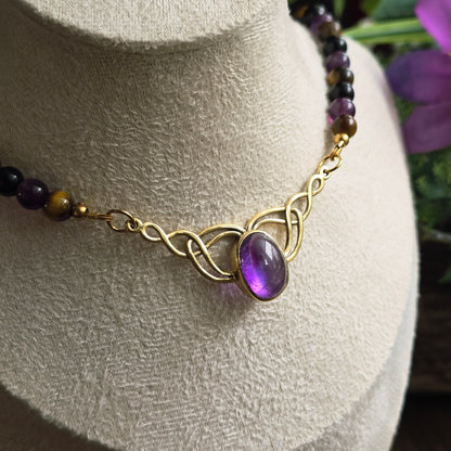 Collier "Valkyria" en Améthyste, Œil de tigre et Obsidienne noire