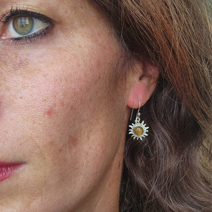 Boucles d'oreilles en Œil de tigre - Soleil - Argent 925