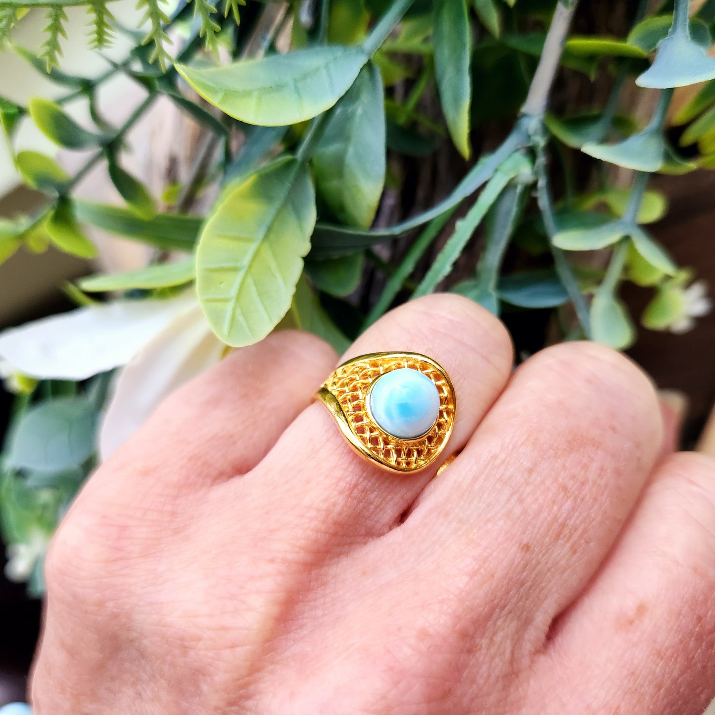 Bague réglable "Dorée" - Larimar - Argent plaqué or 925