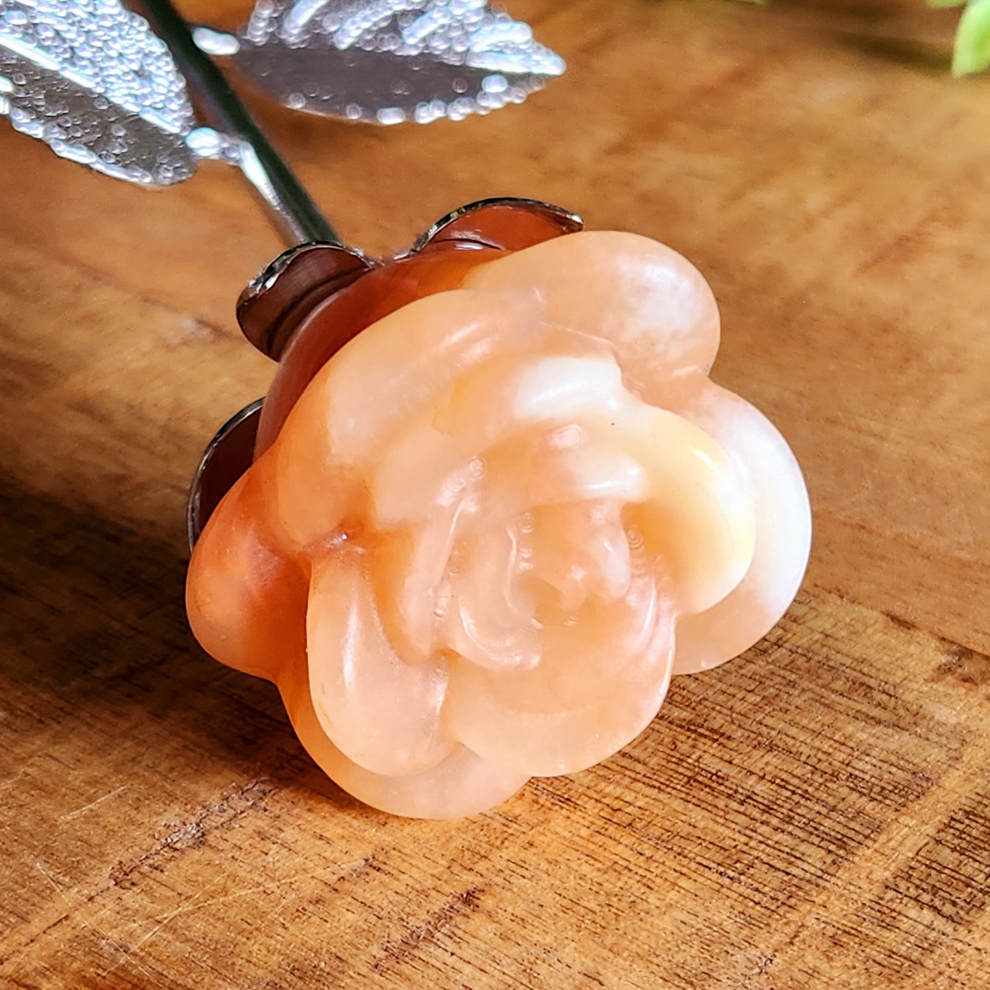 Rose en Calcite orange n°2 - tige argentée