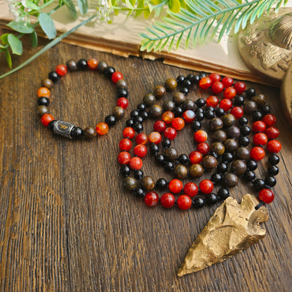 Mala Feu - Force vitale - Cornaline, Obsidienne noire et Bronzite - Pointe de flèche
