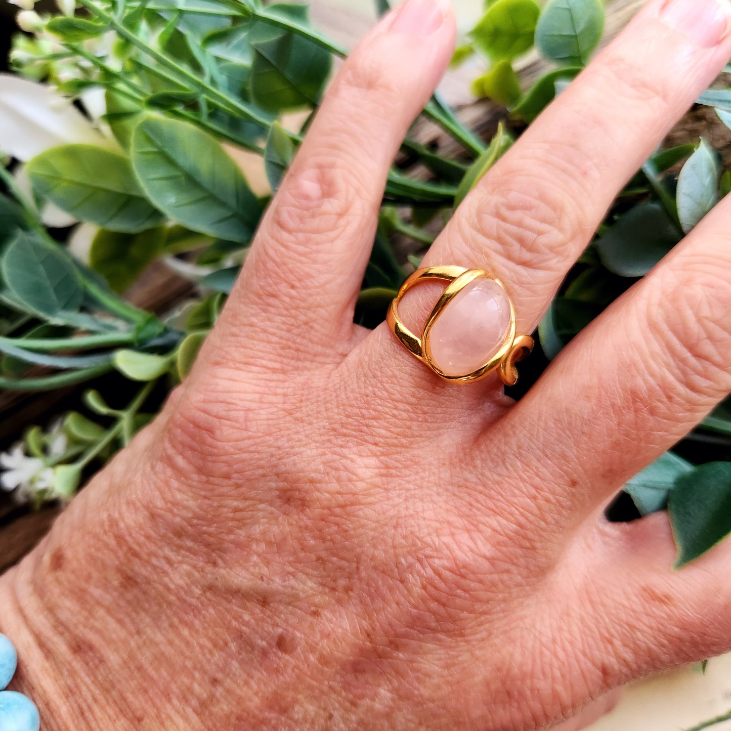 Bague réglable "Dorée" - Quartz rose - Argent plaqué or 925