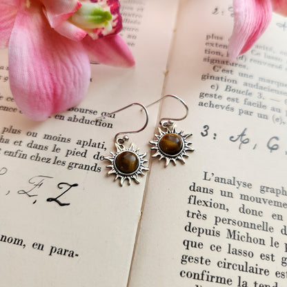 Boucles d'oreilles en Œil de tigre - Soleil - Argent 925