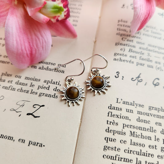 Boucles d'oreilles en Œil de tigre - Soleil - Argent 925
