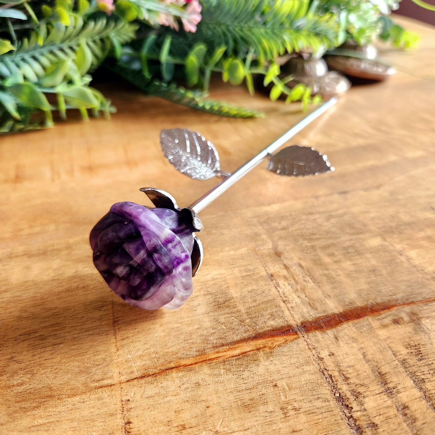 Rose en Améthyste - tige argentée