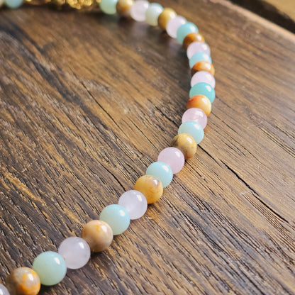 Collier "Valkyria" en Amazonite, Quartz rose et Agate crazy lace