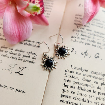 Boucles d'oreilles en Obsidienne noire - Soleil - Argent 925