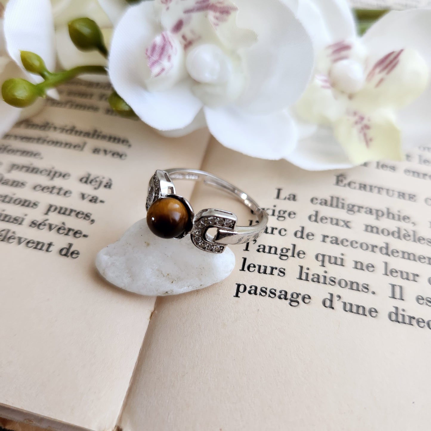 Bague réglable Perle - Œil de tigre - Argent 925 - n°1