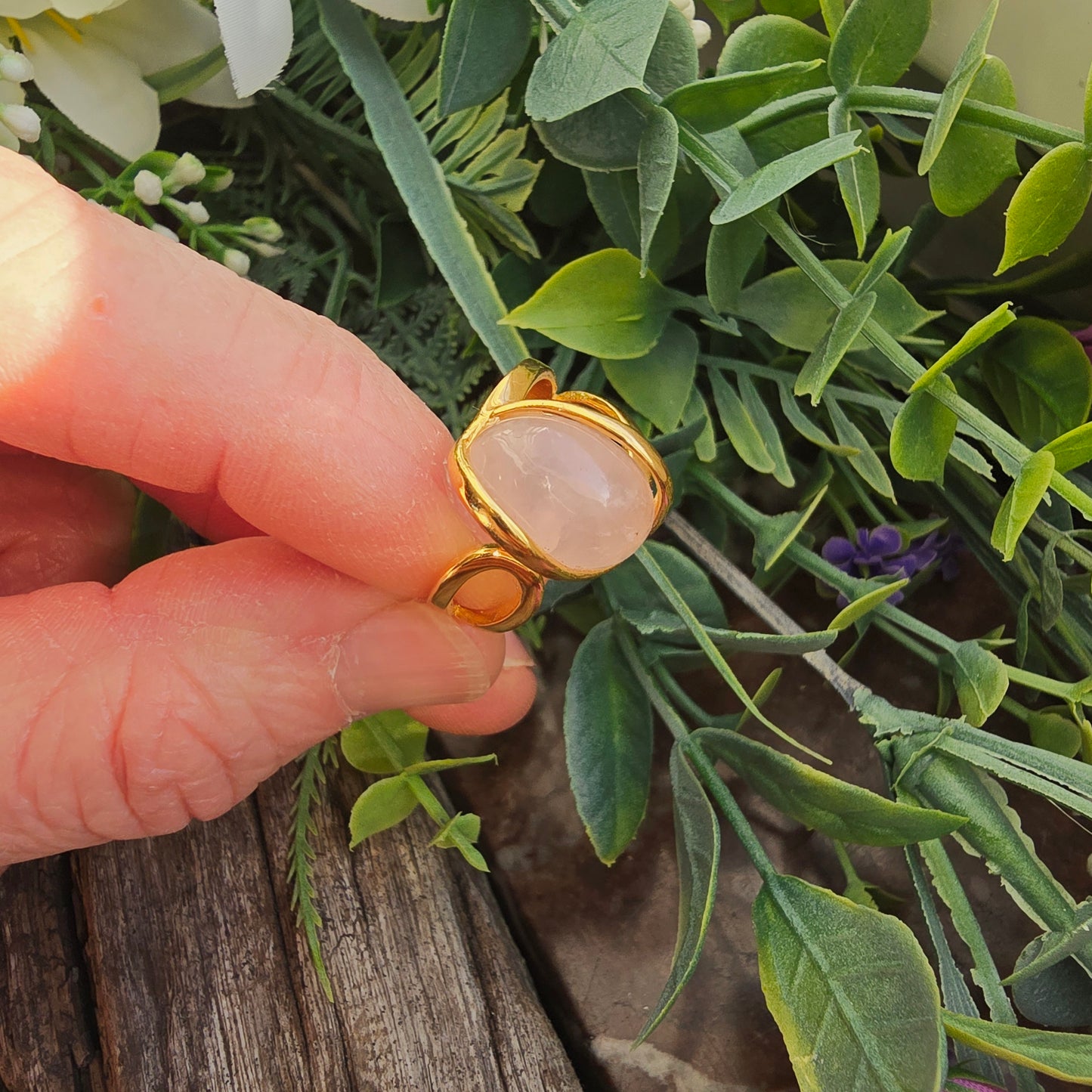 Bague réglable "Dorée" n°2 - Quartz rose - Argent plaqué or 925